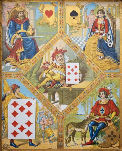 Kortspil, tallerken med hjertekonge, spardronning, ruderti og kløverkønt, dværg Lindoro med rudersyv i midten, Frankrig af French School