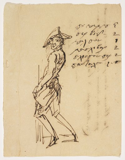 Karikatur af en ung soldat, 1809 (pen og brunt blæk på papir) af French School