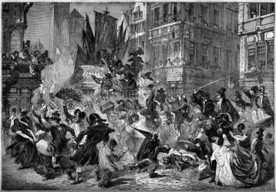 Karnevalsscene i Antwerpens (Belgien) gader i 1860. Indgravering i "" Le Monde Illustré"" nr. 151 af 3. marts 1860. af French School