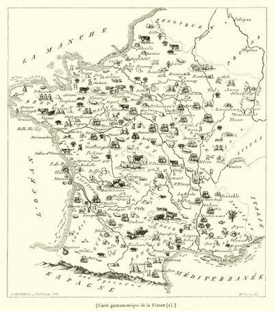 Gastronomisk kort over Frankrig (gravering) af French School