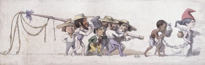 Tegneserie, der skildrer Frankrig som slavehandleren af dets kolonier, ca. 1845-48 (pen & blæk og akvarel på papir) af French School