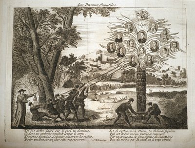 Tegneserie, der viser jesuitter, der forsøger at rive Jansenismens træ ned, af French School