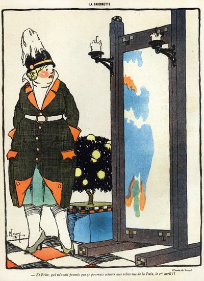 Tegneserie af en tysk dame skuffet over ikke at kunne købe sit nye tøj i Paris i rue de la Paix, fra aprilsnar-udgaven (Poisson dAvril) af magasinet La Baionette, 29. mar. af French School