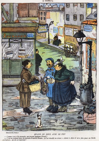 Tegneserie, der viser resultatet af en hustrus forsøg på at spille sin mand et puds, fra aprilsnar (Poisson dAvril) udgaven af magasinet La Baionette, 29. marts 1917 af French School