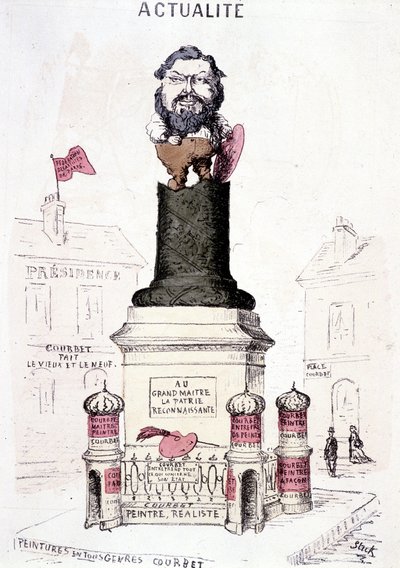 Tegneserie af Courbet i statue på den afkortede bund af Vendôme-søjlen. af French School