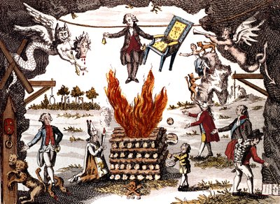 Tegneserie af Mirabeau, der præsiderer over Jacobin Club, 1789 af French School