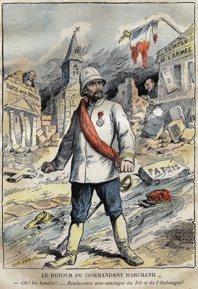 Tegnefilm om kommandør Jean-Baptiste (Jean Baptiste) Marchand (1863-1934), i Toulon, på vej tilbage fra en udforskningsmission (1896-1899) i Afrika. Indgravering i "" Le Pelerin"" 4/06/1899. af French School