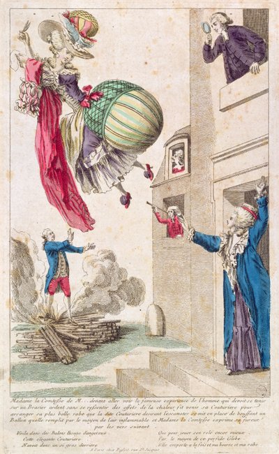 Tegneserie, der latterliggør mode og ballonflyvning, ca. 1783-4 af French School