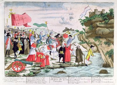 Tegneserie, der latterliggør de franske præster og aristokrater, der søgte tilflugt i Tyskland under revolutionen, ca. 1792 af French School