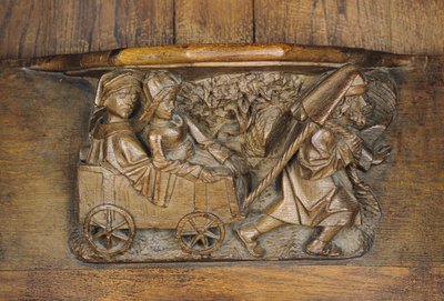 Udskæring, der forestiller et par i en vogn trukket af en mand, fra en korbås (træ) af French School