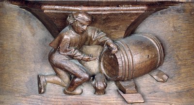 Udskæring, der forestiller en mand, der sætter en hane på en tønde, fra en korbod fra klosteret St. Lucien i Beauvais (træ) af French School