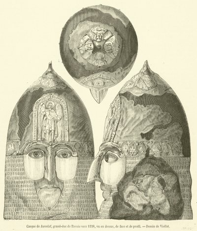 Hjelm fra Jaroslav, storhertug af Rusland omkring 1238, set fra oven, forfra og i profil (gravering) af French School
