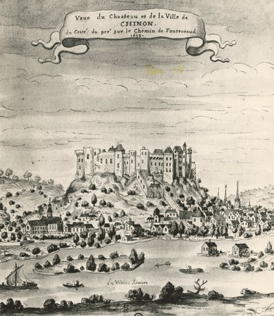 Slottet og byen Chinon af French School