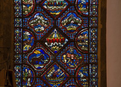 Cathedral of Chartres, farvet glas: livet af noe, detaljer buen af noe på bølgerne af French School