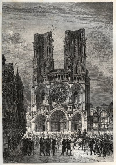 Cathedrale Notre-Dame (Notre Dame) de Laon (1150-1180), Aisne - Laon Cathedral - gravering fra "" Frankrigs historie fortalt til mine børnebørn"" - af Francois Guizot - 1872-1876 af French School