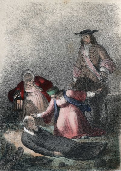 Katarina I af Rusland (Marta Elena Skavronska, senere Marfa Samuilovna Skavronskaya) - Katarina I (1684 - 1727), et barn, finder pastor Skovronski, præsten, der opdrog hende, døende blandt de døde i Mariembourg, en by invaderet af russerne - i "The illu af French School
