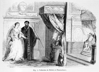 Catherine de Medici (1519-89) med Nostradamus, fra Magasin Pittoresque, 1849 af French School