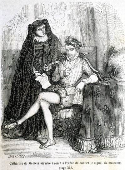 Catherine de Medici (Caterina de Medici) river fra sin søn (Charles IX) ordren om at give signalet om massakren på Saint Barthelemy i 1572 - i "Histoire de France" af L.-P. Anquetil af French School