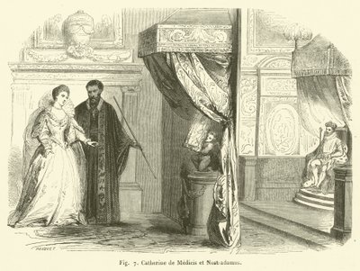Catherine de Medicis og Nostradamus (gravering) af French School