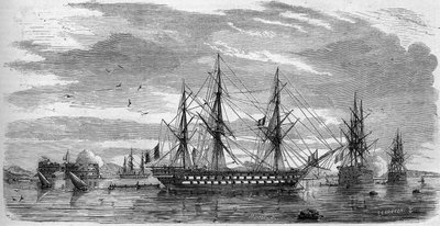 Katolsk fest: Langfredag (helligfredag) i Toulon (Var, 83) i 1858. Skibene har deres stænger i kors og deres flag med halve fald som tegn på sorg. Indgravering i "" Le Monde Illustré"" nr. 53 af 17. april 1858. af French School