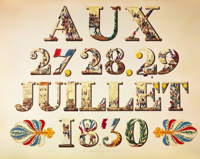 Fejring af de tre herlige dage, 27., 28. og 29. juli 1830 (farvegravering) af French School