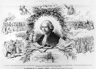 Fejring i Genève for at fejre hundredåret for Jean-Jacques Rousseaus død, illustration fra Le Monde Illustree, 1878 af French School