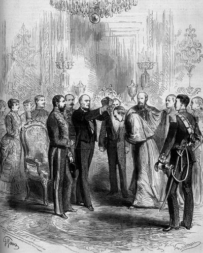 Ceremoni for præsentationen af kardinalatets insignier: Pier Francesco Meglia (1810-1883) modtog kardinalens røde frakke, mens Jules Grevy (1807-1891) placerede kardinalbaretten på hans hoved. Paris, Palais de l