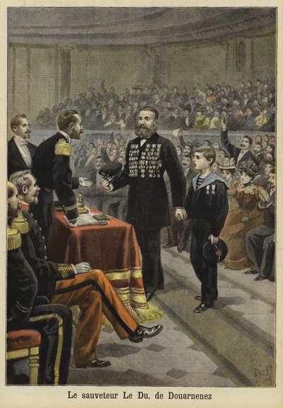 Ceremoni til ære for hr. Le Du, en redningsmand fra Douarnenez, Bretagne, 1897 af French School
