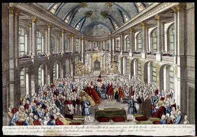 Ceremoni for brudevelsignelsen givet i kapellet i Versailles den 16. maj 1770 af Louis Auguste, delfin fra Frankrig (Louis XVI), og Marie Antoinette af Østrig - gravering af French School