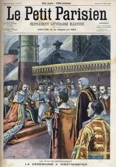 Ceremoni for kroningen i Westminster: Kong Edward VII (1841-1910) og Alexandra af Danmark (1844-1925), i "Le petit Parisien"" af French School