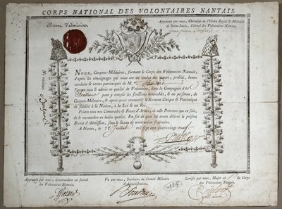 Optagelsesbevis til National Guard of Volunteers of Nantes, 1789 af French School