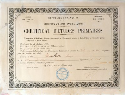 Certificate of Primary Education, Academie de Lille, 1898 (blæk på papir) af French School