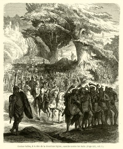 Cestius Gallus, i spidsen for den tolvte legion, marcherer mod jøderne (gravering) af French School