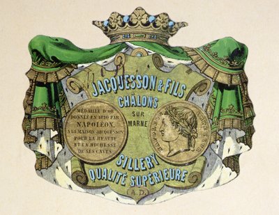 Champagne-etiket for Jacquesson & Fils, Champagne Sillery Marque, midten af det 19. århundrede (farve litho) af French School