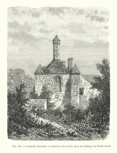 Begravelseskapel og de dødes lanterne nær Fontevrault Abbey (gravering) af French School