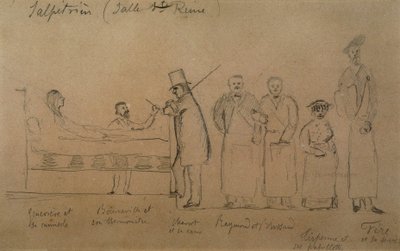 Charcot designet af en af hans elever. Fra venstre mod højre: patient Genevieve i en camisole, Doktor Desire Magloire Bourneville med et termometer, Jean Martin Charcot, Raymond og Brissaud, Me Tirperme og Charles Fere. Holy Queen Room, Salpetriere Hospi af French School