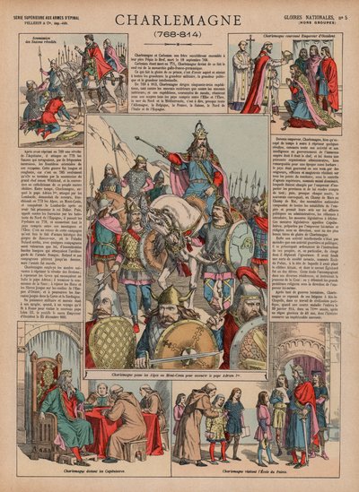 Charlemagne, 768-814 (farve litho) af French School