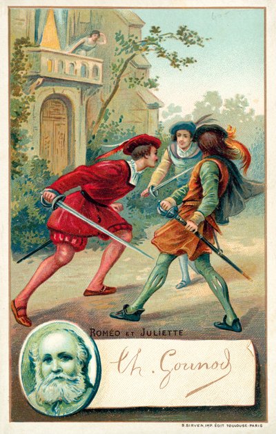 Charles Gounod, fransk komponist og en scene fra hans opera Romeo et Juliette (Chromolitho) af French School