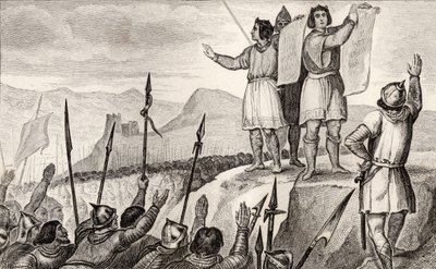 Charles II (823-77) den Skaldede og hans bror Ludvig den Tyske indgår traktat i Strasbourg i 842, fra 