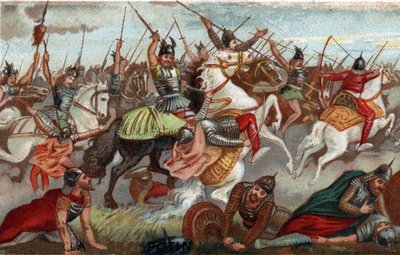 Charles Martel arresterer muslimerne i slaget ved Poitiers i 732. Kromolitografi af det 19. århundrede. af French School