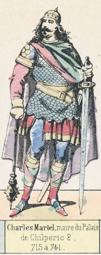 Charles Martel, borgmester i paladset, Chilperic 2, 715 a 741 (farvet gravering) af French School