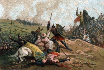 Charles Martel stoppede invasionen og dræbte lederen af Armee of Abd al-Rahman I eller Abderamane I (Abd al-Rahman) (731-788), leder af saracenerne. Kromolitografi omkring 1890. af French School