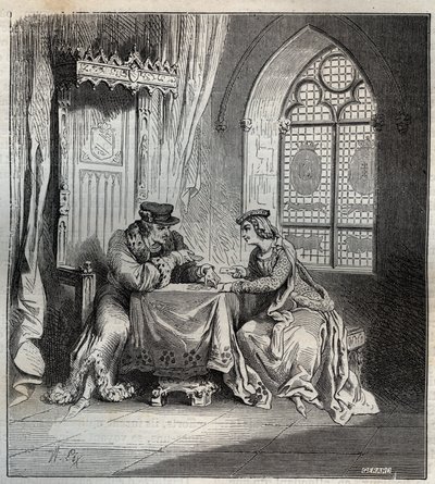 Charles VI (1380-1422) og Odette de Champdivers - Kong Charles VI af Frankrig, kendt som Charles the Good Aime, derefter Charles the Fol (1368-1422) med sin elskerinde Odinette (Odette) de Champdivers (ca. 1390-omkring 1425) spillekort indgravering i "Pari af French School