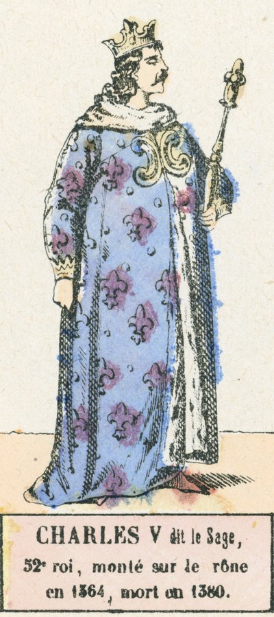 Charles V dit le Sage, 52. konge, besteg tronen i 1364, døde i 1380 (farvegravering) af French School