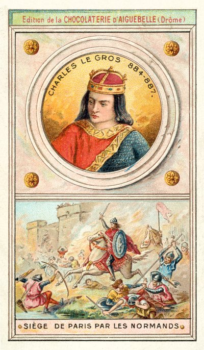 Karl den Fede og vikingernes belejring af Paris, 885-886 (chromolitho) af French School