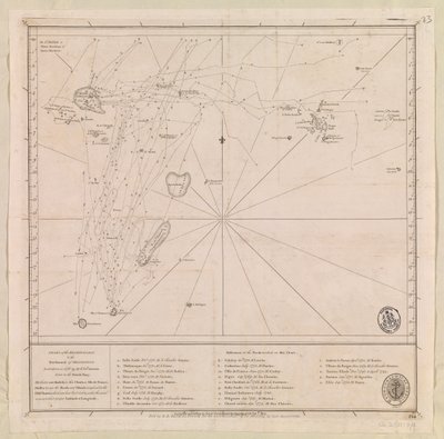 Kort over øgruppen nord for Mauritius udarbejdet i 1776 af M le Victe Grenier, løjtnant i den franske flåde [Inkluderer Seychellerne, de sydligste Maldiverne, Mauritius-gruppen og Chagos-øgruppen]. af French School