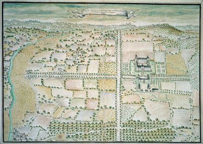Chateaux de la Loire: "" Udsigt over slottet Plessis Bourre"" Akvarel af den franske skole. 1699 Paris, B.N. af French School