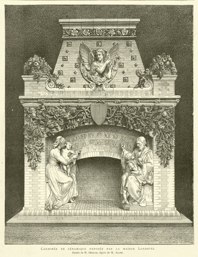 Keramisk pejs udstillet af Loebnitz-huset, Tegning af M Sedille, figur af M Aller (gravering) af French School
