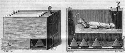 Børnekuvøse af Dr. Alfred Auvard (1855-1940), ifølge det apparat, der blev brugt på fødeafdelingen, til venstre, set udefra, set indefra til højre. i "La Nature. Revue des sciences et de ses applications aux arts et à l