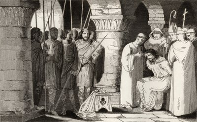 Childeric III (714-51) bliver detroniseret og indespærret i et kloster, fra "Histoire de France" af Colart, udgivet omkring 1840 af French School